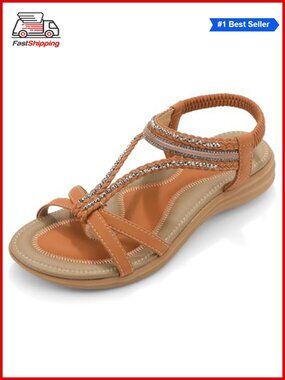 Womens Flat Sandals with Arch Support T-Strap Thong Rhinestone